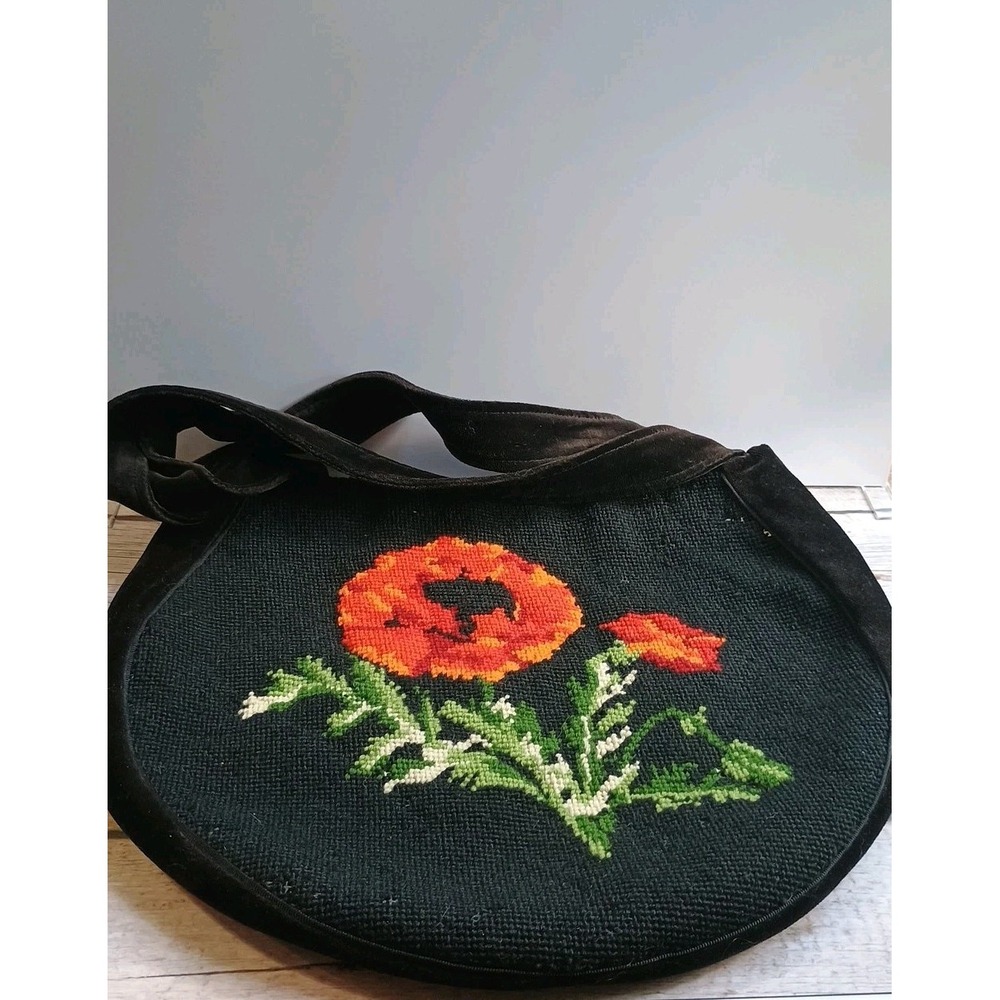 Vintage‎  Floral Embroidery Hand Bag Straps Purse Orange Poppy Floral